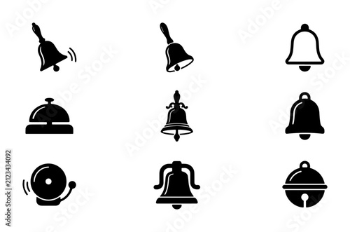 Vintage bell icon set with 9 vector elements, black silhouette hand bells and service desk bell symbols, notification and alarm signal graphics