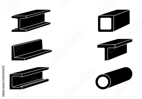 Obraz na plátne Industrial steel beam profiles set, black metal structural shapes vector, 6 cons