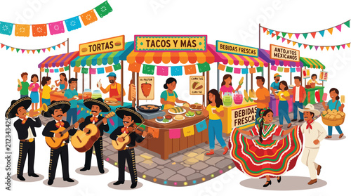 Vibrant Mexican food festival illustration with mariachi band street food stalls people dancing and colorful traditional decorations for cultural celebration