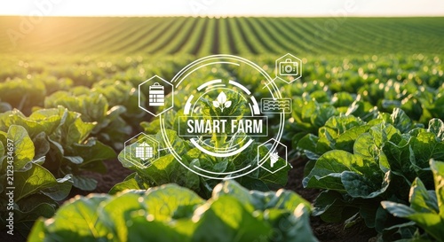 Futuristic Smart Farm with Technology Overlay on Lush Green Crops.