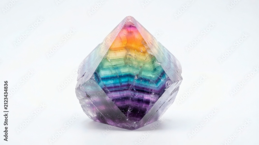 Fototapeta premium Vibrant and multifaceted rainbow crystal gemstone with colorful bands, sparkling and radiating a spectrum of hues, a unique natural mineral formation, beautifully illuminated on a white background