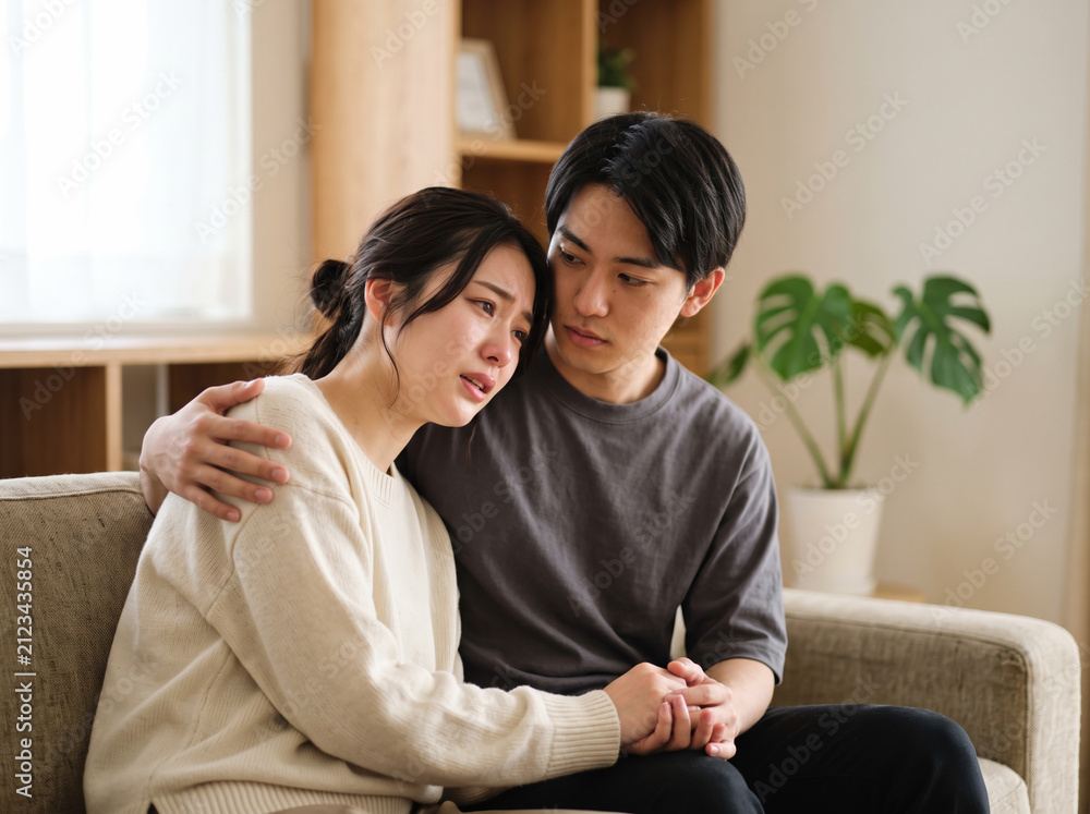 Fototapeta premium 白いニットの女性を抱き寄せ落ち着いたトーンの部屋で見守る男性