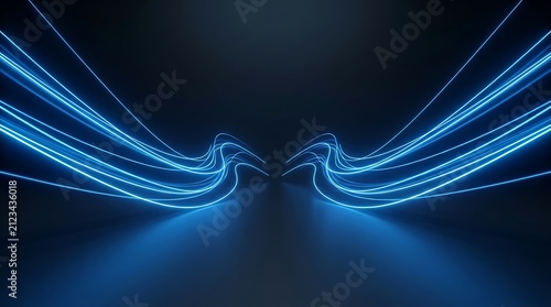 Abstract blue glowing light streaks forming dynamic curved lines on a dark background for technology concepts