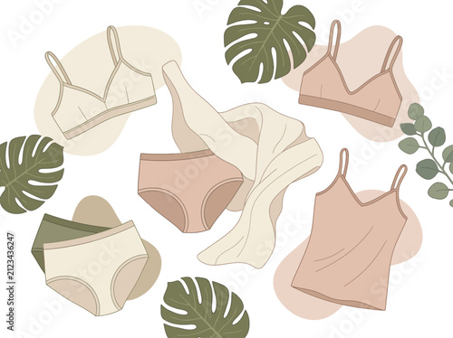 Bild auf Leinwand Soft Pastel Comfortable Cotton Lingerie Collection Featuring Natural Botanical T