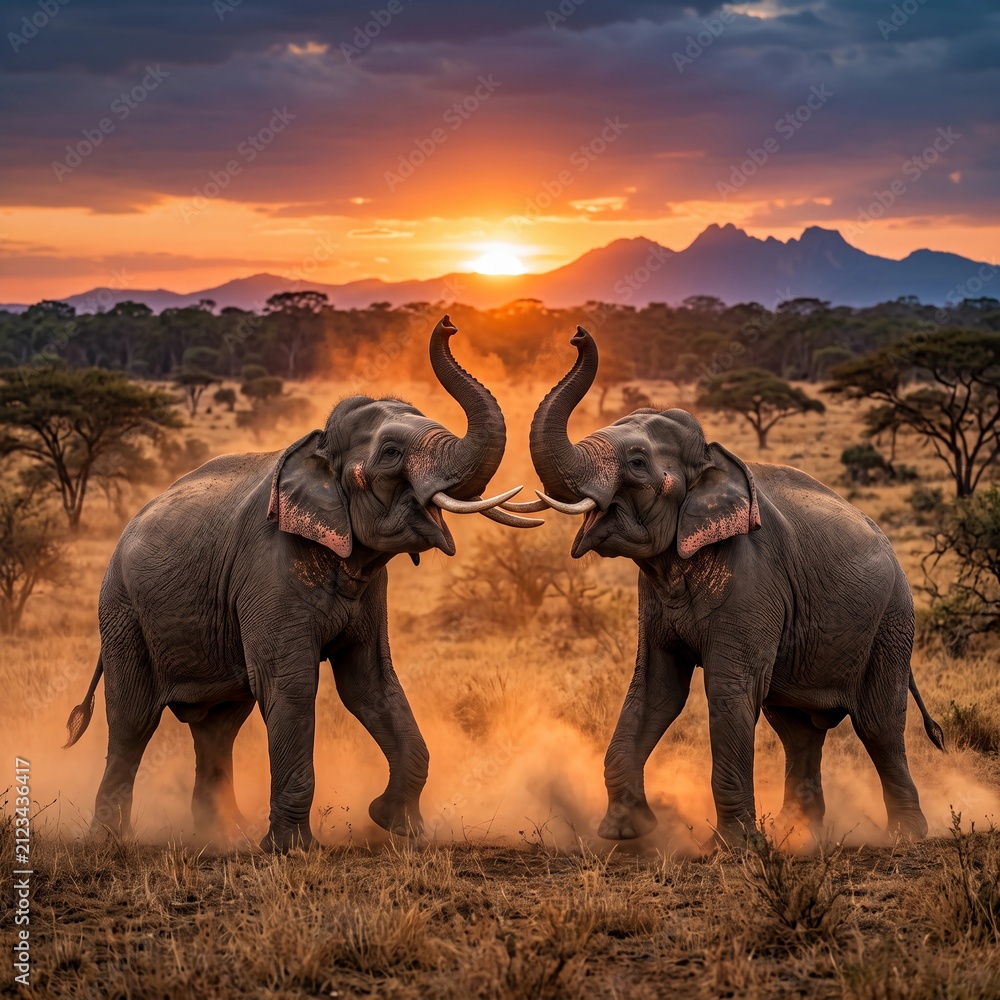 Fototapeta premium Two Asian Elephants Preparing for a Powerful Clash During Sunset in the Wild