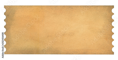 Watercolor vintage ticket template with torn edges isolated. Hand painted blank template with retro textured paper look. Illustration for event invitations, movie night decorations, cinema party.