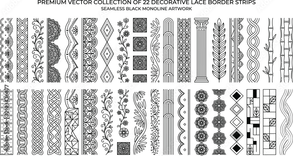 Fototapeta premium Elegant decorative lace border collection with ornamental seamless trim vector set