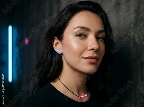 Young woman with serious expression in dim lighting.