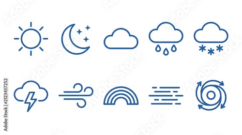 Flat Outline Weather Symbols Blue Line Icon Collection Isolated on White