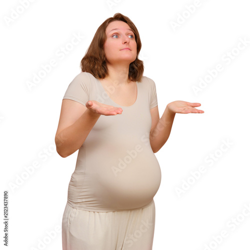 Foto Pregnant woman shrugging with hands up in confusion