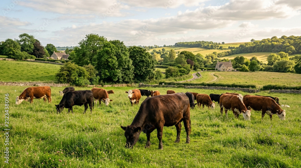 Naklejka premium Herd of cows grazing on a sunny green pasture with countryside village in background