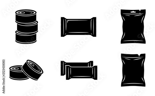 Black food packaging icons set, 6 vector silhouettes of tin cans and snack pouches, grocery product container mockups for retail and logistics