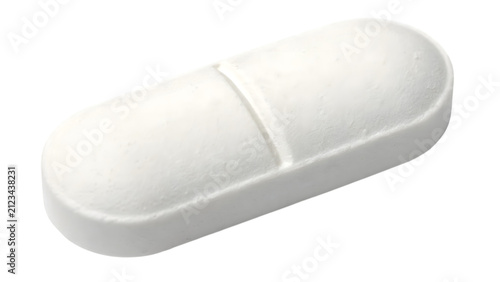 White oblong pharmaceutical pill with score line in the middle isolated on transparent background