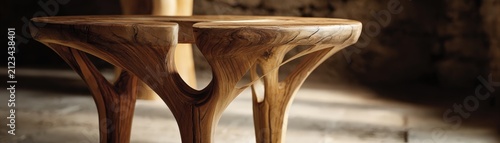 Artistic wooden table with natural grain and smooth curves, set in a warm, rustic environment with soft lighting.