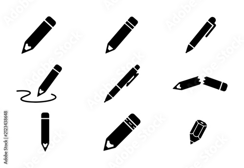 Minimalist pencil and pen icon set, black silhouette writing tools collection, 9 vector stationery symbols for education and office design