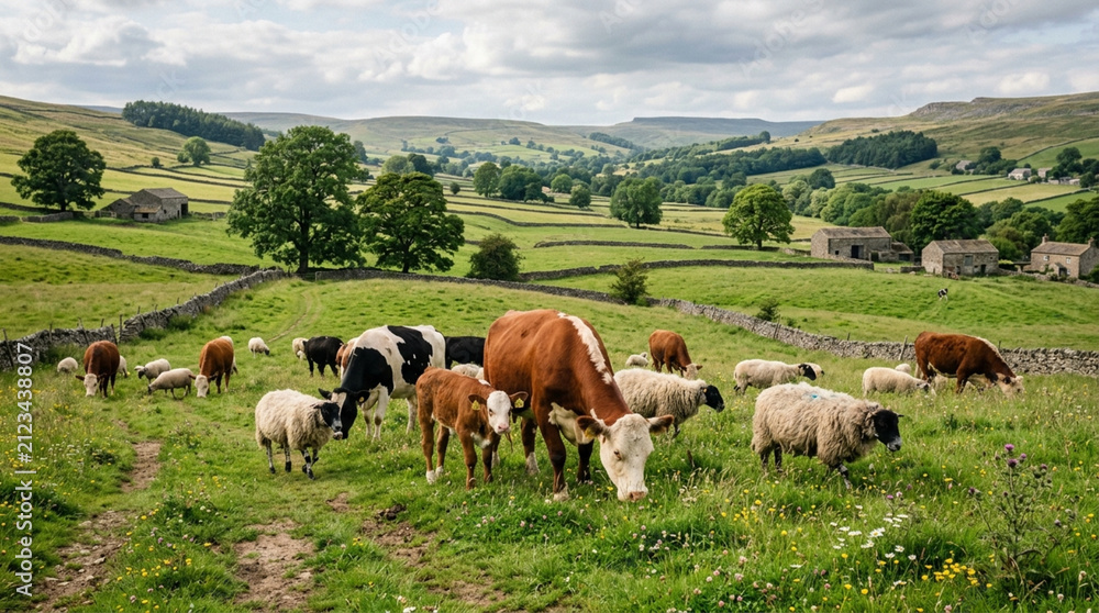 Fototapeta premium Rural grazing scene with cows and sheep in a green hilly landscape