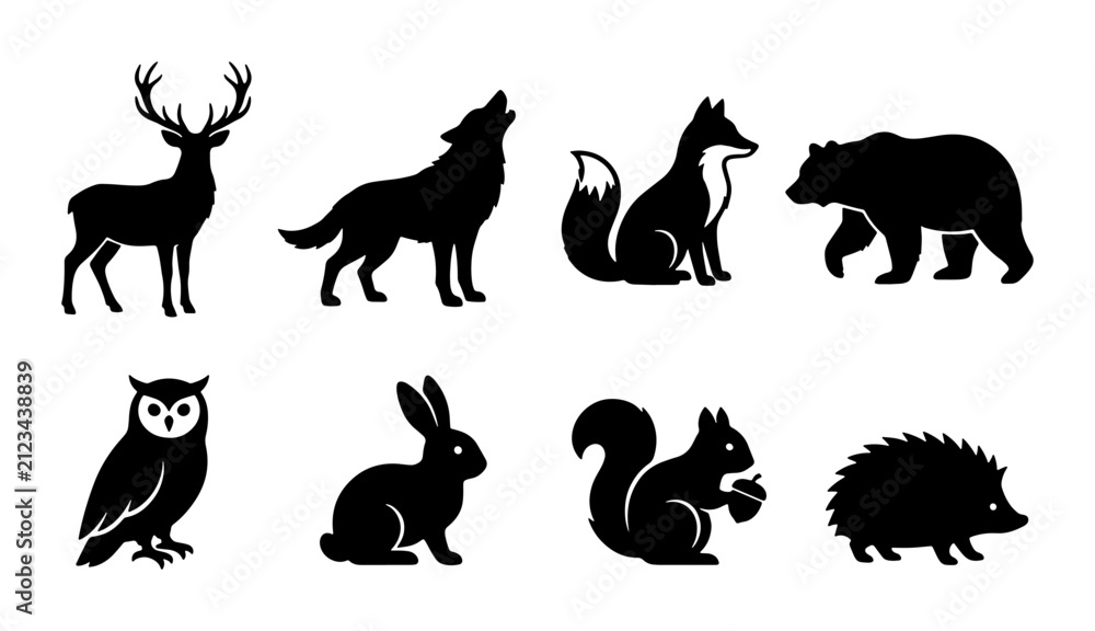 Obraz premium Forest animal silhouettes, set of 8 woodland creature icons, black wildlife vector graphics of deer, wolf, bear, and owl for nature branding