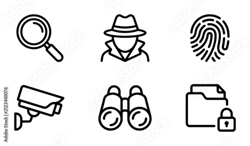 Detective and surveillance line icons set, 6 investigation vector symbols, private investigator and security monitoring graphics for web and apps