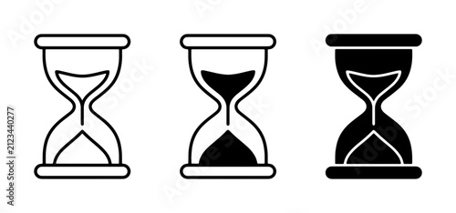 Minimalist hourglass icon set, black and white sand clock vector symbols, time management and deadline concept graphics for business UI design