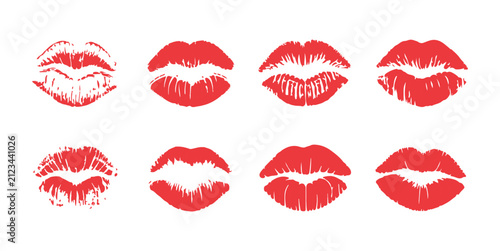 Realistic lip prints and kiss marks for romantic themes featuring different shapes and textures in red colors.