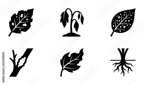 Plant disease and garden pest damage icons, set of 6 black vector symbols, withered leaves and rotting roots for agriculture and botany apps