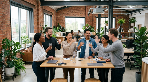 Diverse team celebrating success with high fives and drinks in modern office