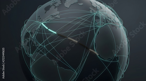 Maritime shipping lane network as glowing threads around globe with dark segments sequence 3d abstract corporate render deep neutral background muted teal accents diagonal dynamic