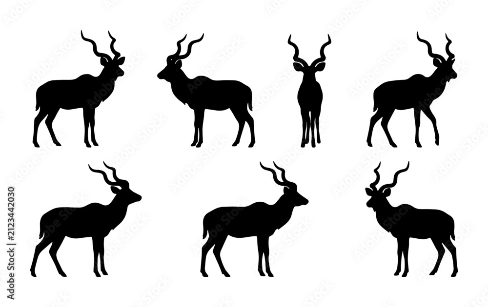 Naklejka premium Kudu antelope silhouette set, African wildlife animal vector collection, black kudu bull with spiral horns, safari fauna icons for nature design