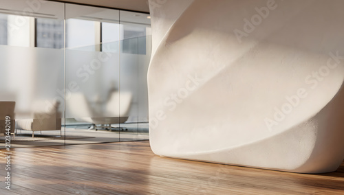 Modern Office Interior with Organic Curved Concrete Feature Wall and Glass Partition Panels