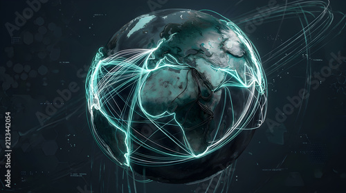 Abstract 3d globe wrapped in luminous shipping lane threads diagonal dynamic corporate technology background for presentations banners and digital design
