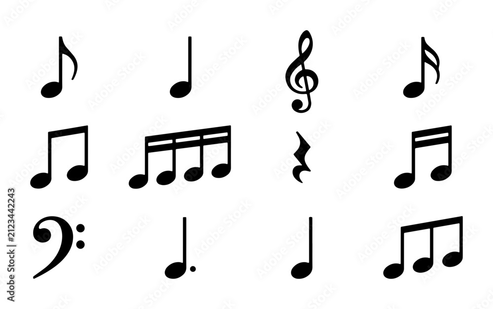 Fototapeta premium Musical notes and symbols vector set, black classical music notation icons on white background, 12 professional melody elements for sheet music design