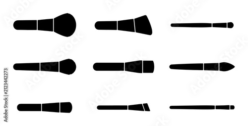 Foto Professional makeup brush silhouettes, set of 9 cosmetic applicator icons, black