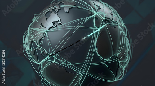 Global maritime shipping network abstract 3d render glowing supply chain threads wrapping earth diagonal corporate logistics technology background