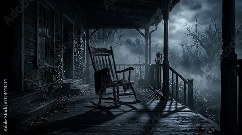 Old rocking chair on an abandoned porch. Spooky house exterior at night with full moon.