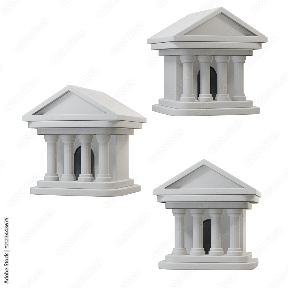 Fototapeta premium 3D render of classic white bank building icons with columns and triangle roofs, isolated on transparent background, alpha channel. Ideal for finance, government, law, banking apps