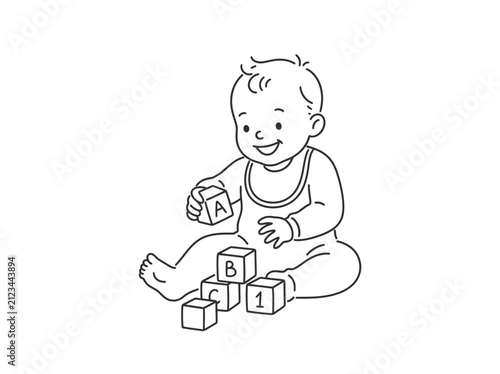 Baby playing with building blocks learning early childhood development