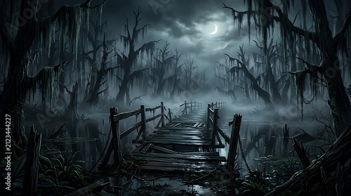 Old wooden bridge over a dark swamp. Spooky forest path in a misty moonlit marshland.