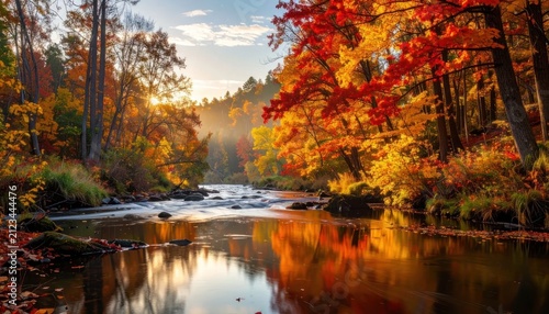 Autumn river landscape with vibrant fall foliage.