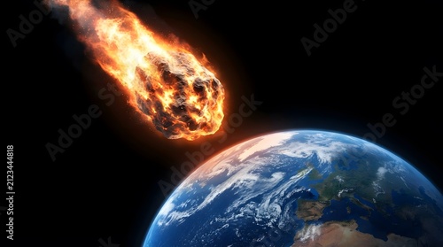 Asteroid approaching Earth. Burning meteor flying towards the planet in outer space.