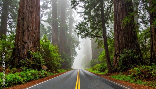 Empty asphalt road winding through foggy redwood forest.