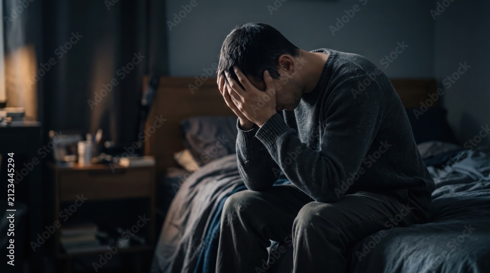 Obraz premium Depressed man sitting on bed in dark bedroom holding head in hands, suffering from mental health issues, stress, anxiety or insomnia, emotional pain and loneliness in moody