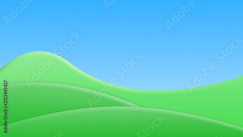 Landscape of  green fields, hills and bright blue sky. Cartoon style 3D illustration