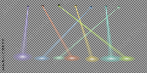 Fotografía Multi-colored stage spotlights with intersecting beams, glowing light cones, and