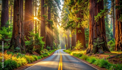 Sun rays through redwood forest trees over asphalt road.