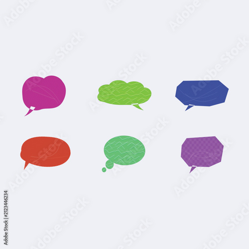 Colorful set of six speech bubble icons with tails isolated on transparent background, Vector, illustration