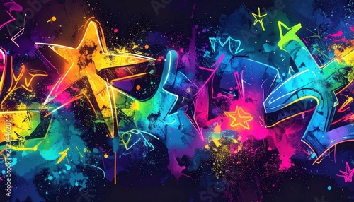 Vibrant neon star graffiti on dark textured wall