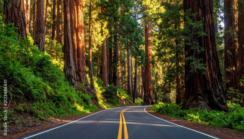 Fototapeta premium Winding road through tall redwood forest trees.
