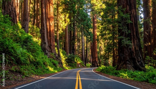 Winding road through tall redwood forest trees.