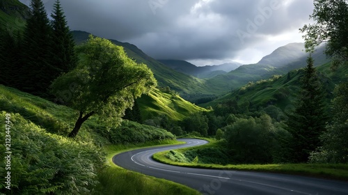 Winding asphalt road through lush green Scottish Highlands valley during dramatic sunlit cloudy weather