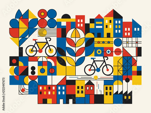 Abstract Cityscape with Bicycles and Geometric Shapes